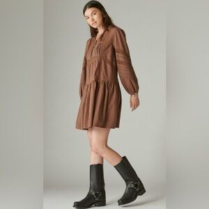 Lucky Brand Brown Long Sleeve Peasant Tiered Mini Dress